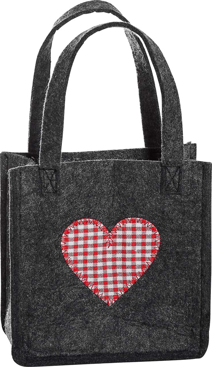 3515-55-0HR KLEINE FILZTASCHE DUNKELGRAU MIT HERZ KARO ROT