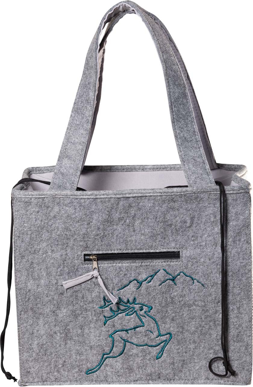 3535-56-46BG FILZTASCHE HELLGRAU MIT STOFFZUG HIRSCH GRÜN GESTICKT