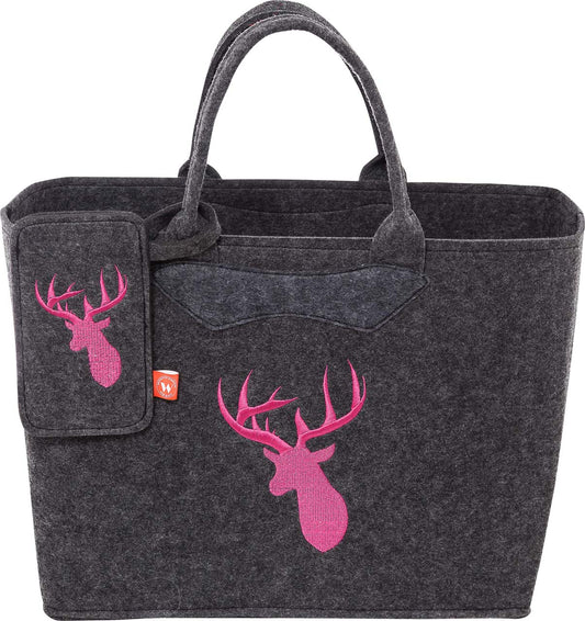 3553-55-36 FILZTASCHE DUNKELGRAU MIT HIRSCHKOPF PINK + HANDYTASCHE