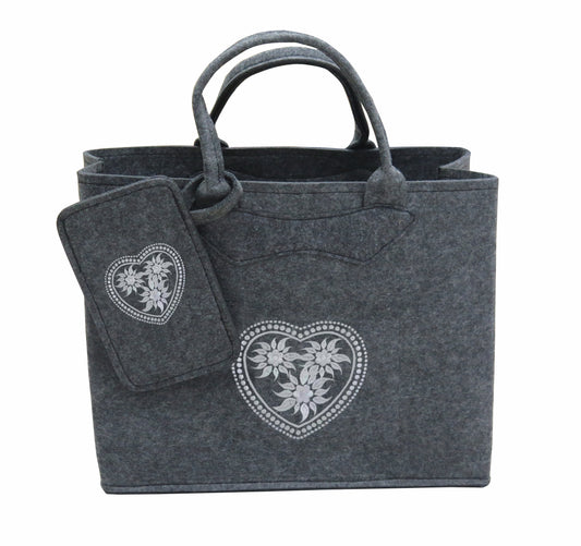 3553-55-56HE FILZTASCHE DUNKELGRAU MIT HERZ SILBERGRAU + HANDYTASCHE