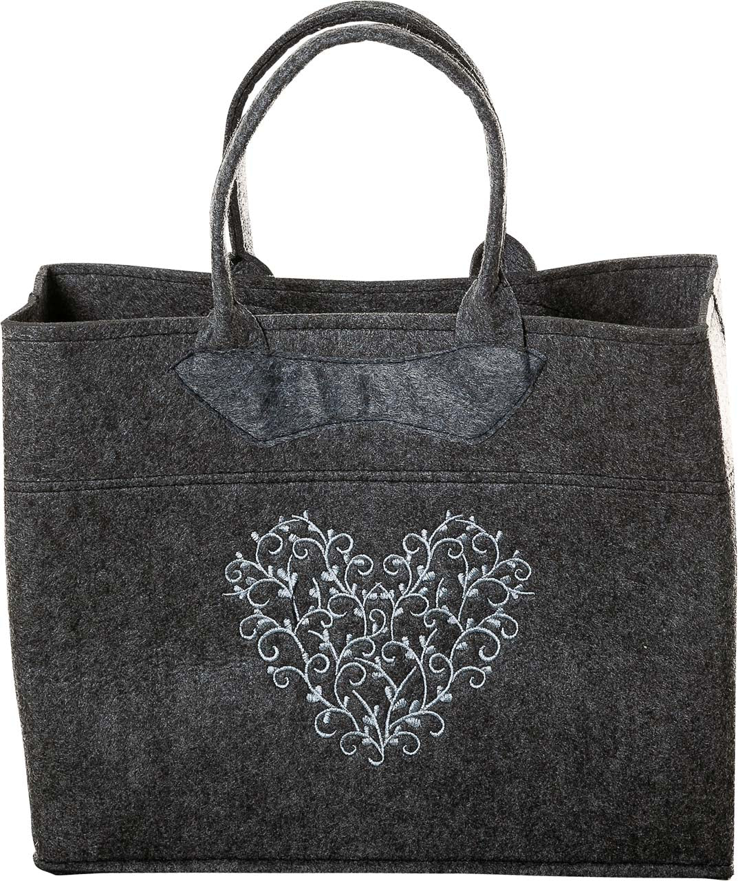 3553-55-56HN FILZTASCHE DUNKELGRAU MIT HERZ SILBERGRAU GESTICKT