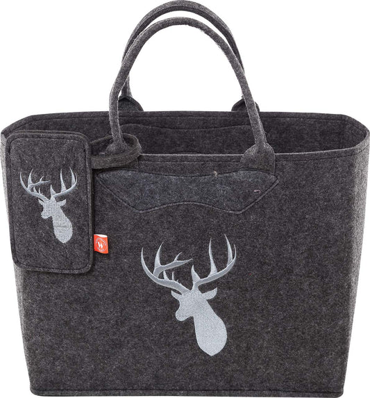 3553-55-56 FILZTASCHE DUNKELGRAU MIT HIRSCHKOPF SILBERGRAU + HANDYTASCHE