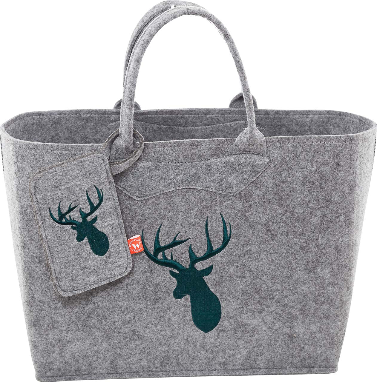 3553-56-46 FILZTASCHE HELLGRAU MIT HIRSCHKOPF GRÜN + HANDYTASCHE