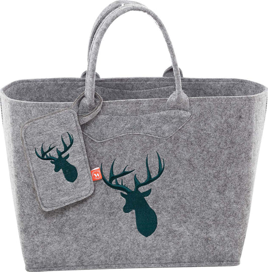 3553-56-46 FILZTASCHE HELLGRAU MIT HIRSCHKOPF GRÜN + HANDYTASCHE