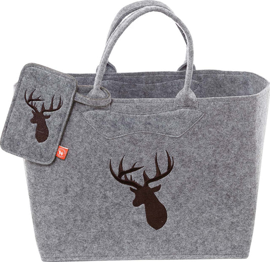 3553-56-50 FILZTASCHE HELLGRAU MIT HIRSCHKOPF BRAUN + HANDYTASCHE