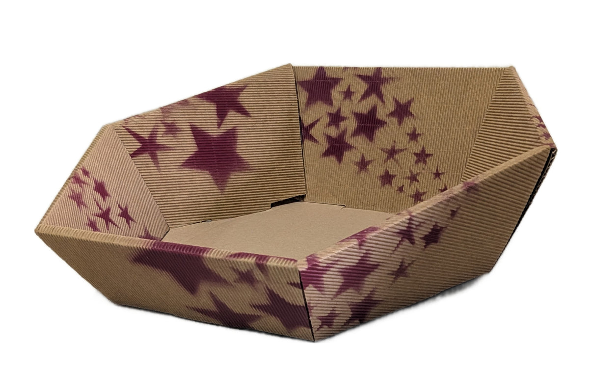 5503-22-0S GESCHENKKARTON 22 X 19 X 10 CM SECHSECKIG NATUR STERNE ROT