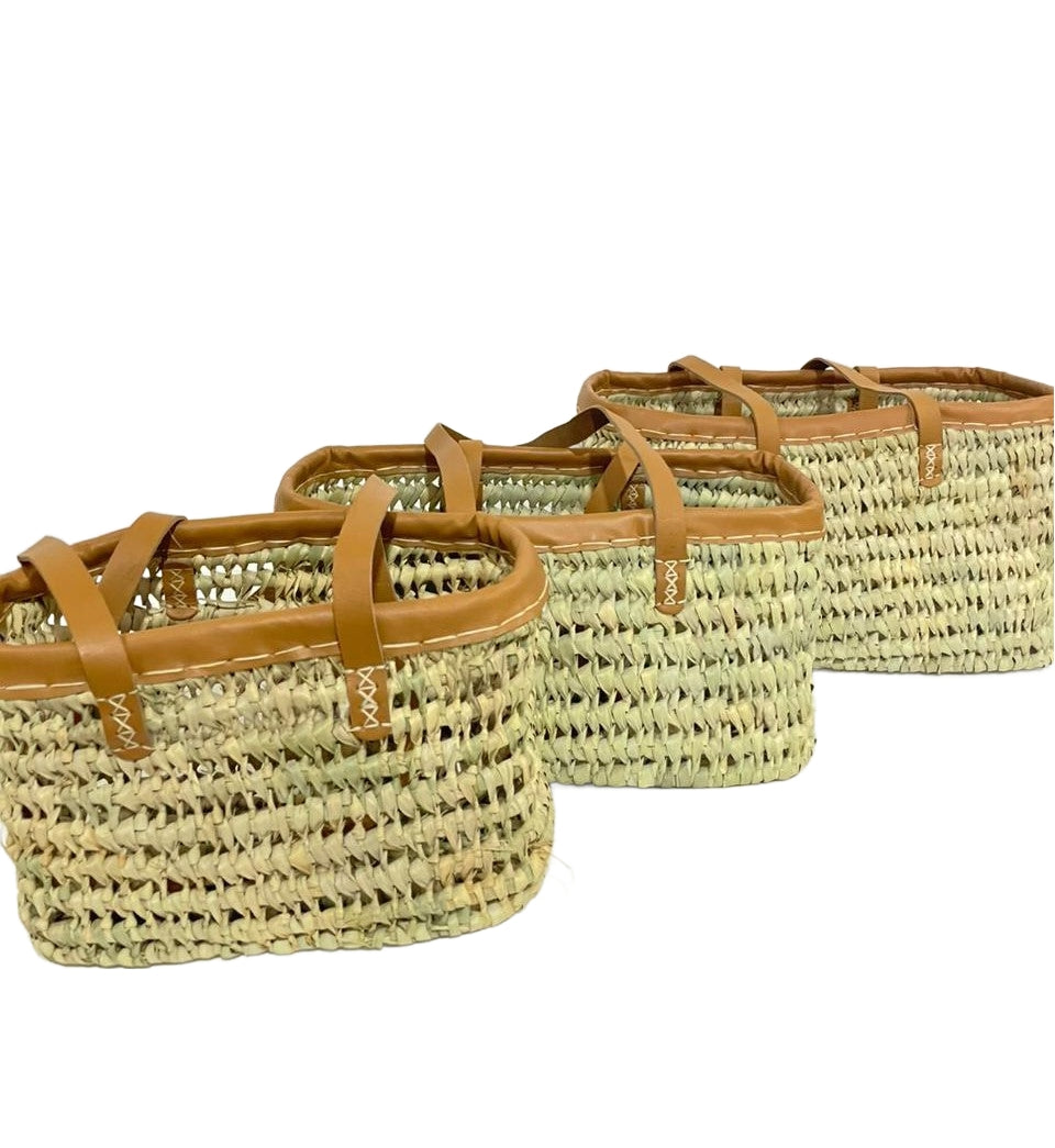 1048-20-0 KORBTASCHE AUS PALMBLATT SATZ 1-3 ECHTES LEDER UNI NATUR
