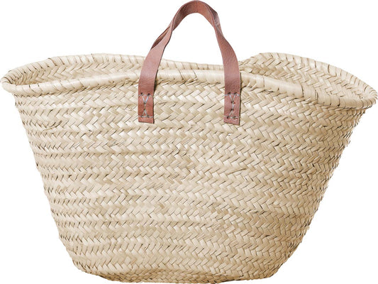 1091-20-0 STRANDTASCHE AUS PALMBLATT MIT ECHTEN LEDERGRIFF (kurz)