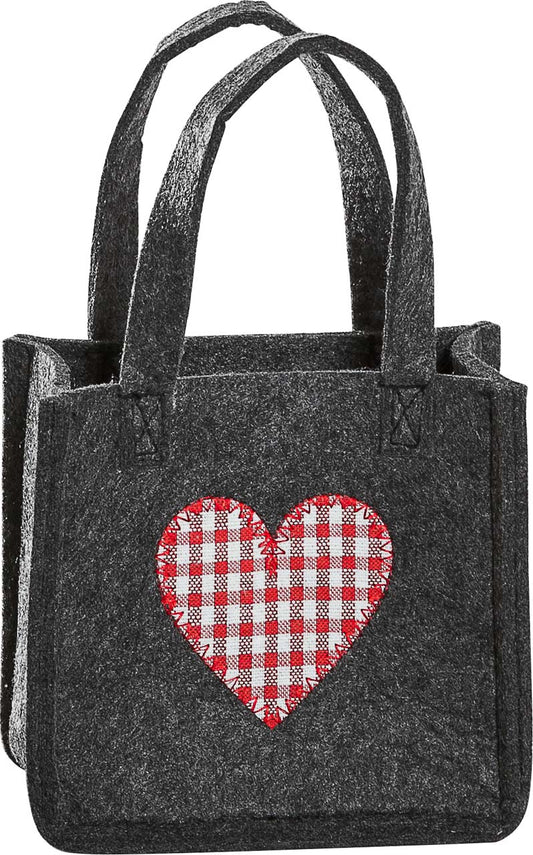 3514-55-0HR KLEINE FILZTASCHE DUNKELGRAU MIT HERZ ROT KARO