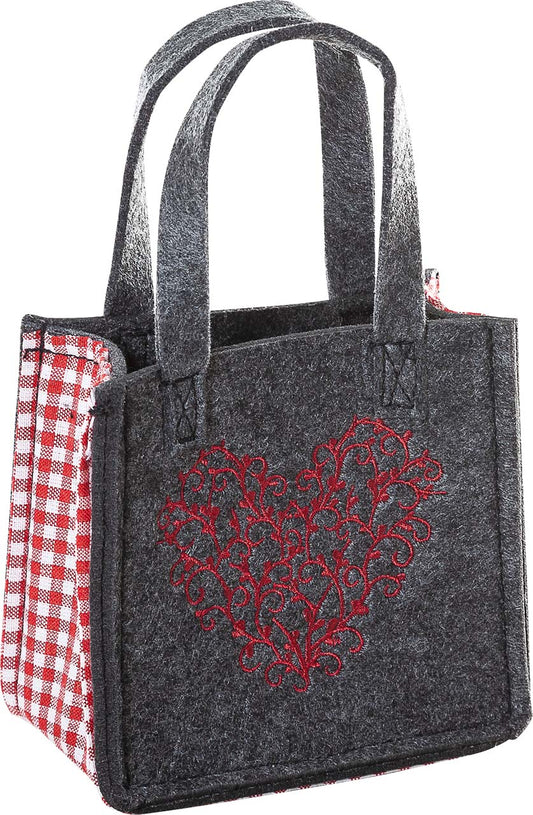 3514-55-35HN KLEINE FILZTASCHE DUNKELGRAU MIT HERZ ROT GESTICKT