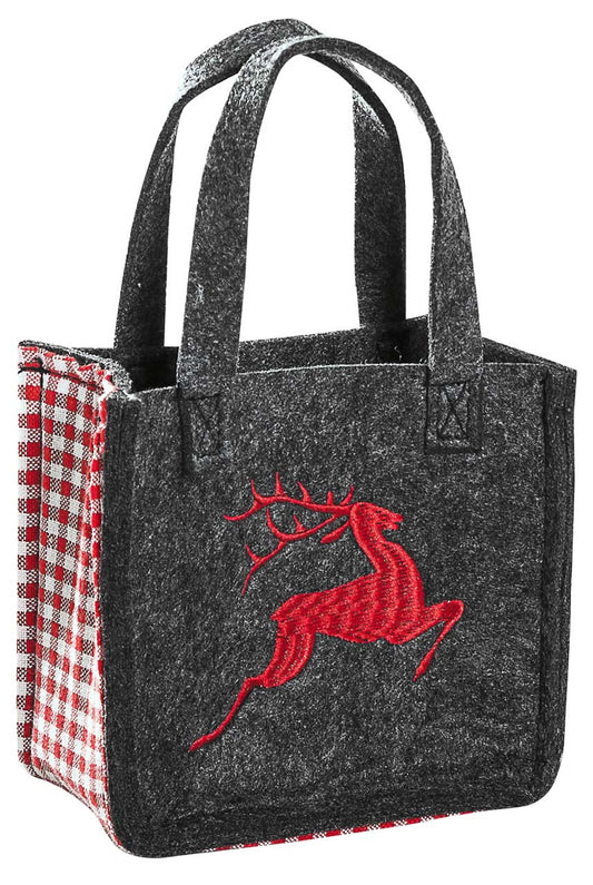 3514-55-35H KLEINE FILZTASCHE DUNKELGRAU MIT HIRSCH ROT GESTICKT