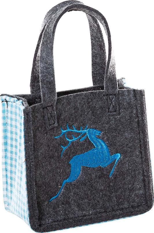 3514-55-40H KLEINE FILZTASCHE DUNKELGRAU MIT HIRSCH BLAU GESTICKT