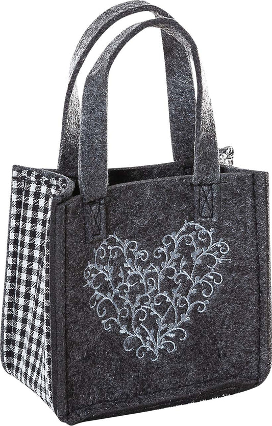 3514-55-56HN KLEINE FILZTASCHE DUNKELGRAU MIT HERZ SILBERGRAU GESTICKT