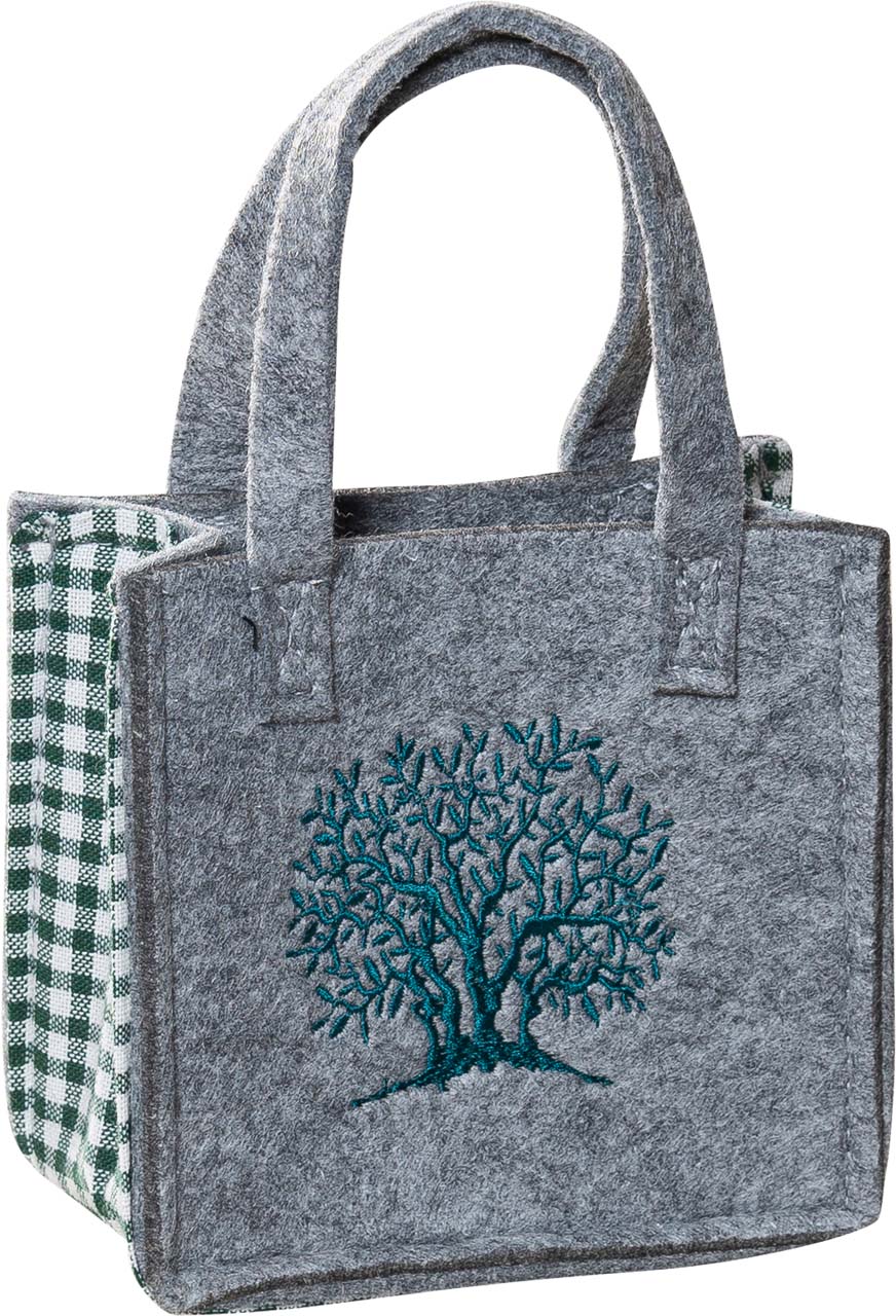 3514-56-46B KLEINE FILZTASCHE HELLGRAU MIT BAUM GRÜN GESTICKT
