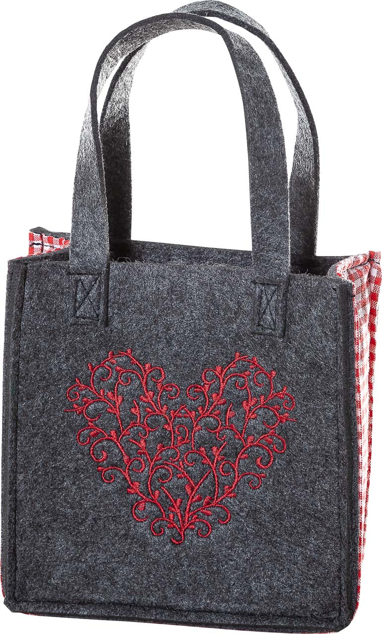 3515-55-35HN KLEINE FILZTASCHE DUNKELGRAU MIT HERZ ROT GESTICKT