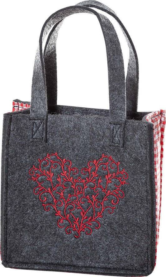 3515-55-35HN KLEINE FILZTASCHE DUNKELGRAU MIT HERZ ROT GESTICKT