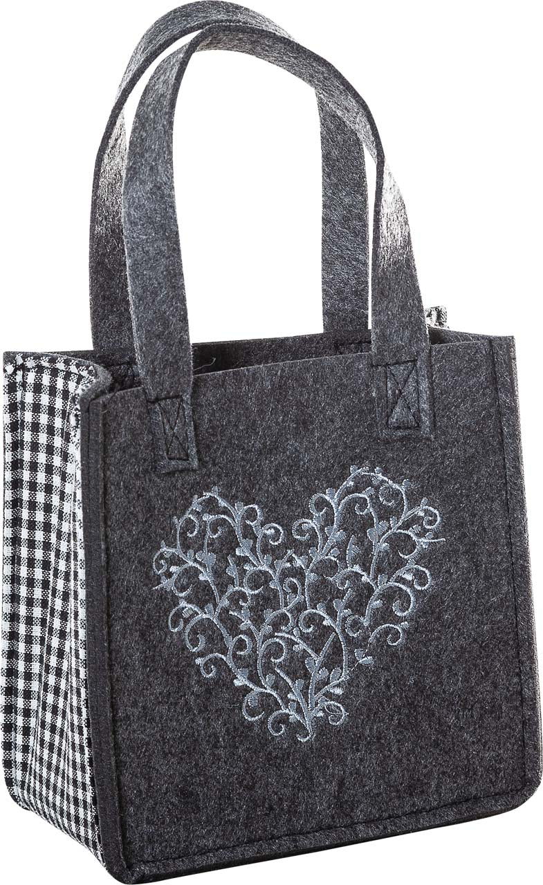 3515-55-56HN KLEINE FILZTASCHE DUNKELGRAU MIT HERZ SILBERGRAU GESTICKT