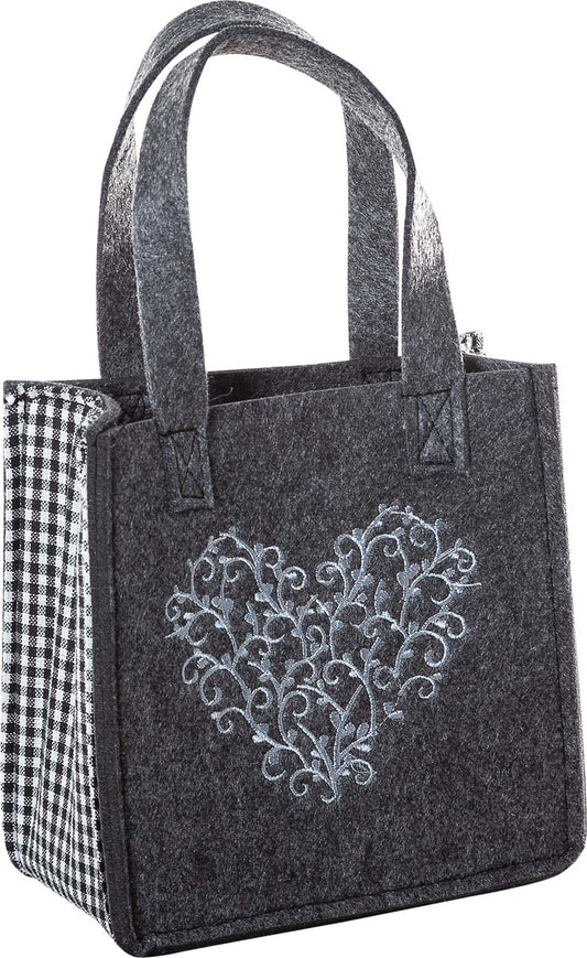 3515-55-56HN KLEINE FILZTASCHE DUNKELGRAU MIT HERZ SILBERGRAU GESTICKT