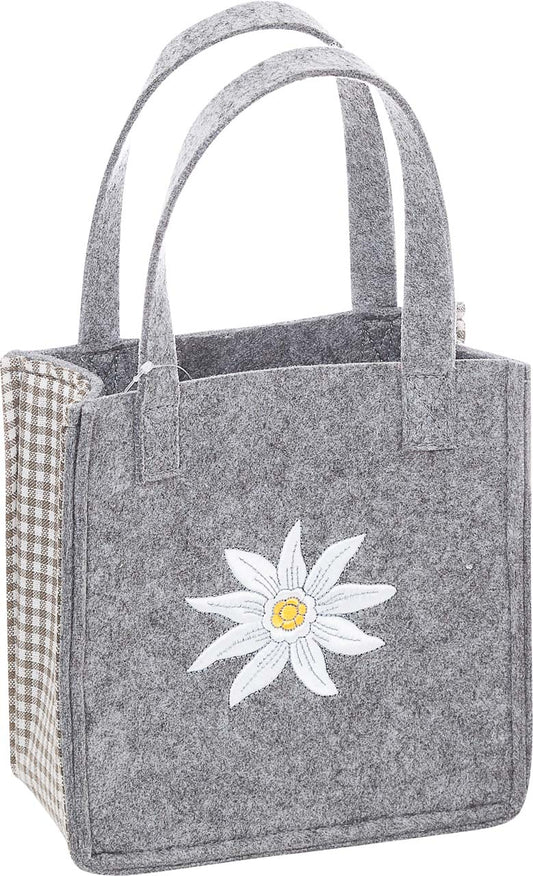 3515-56-23 KLEINE FILZTASCHE HELLGRAU MIT EDELWEISS GRÜN GESTICKT