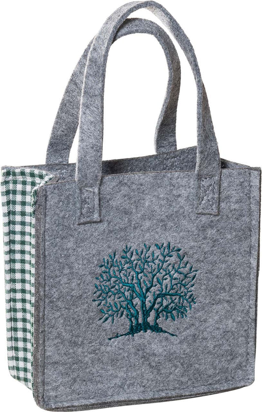 3515-56-46B KLEINE FILZTASCHE HELLGRAU MIT BAUM GRÜN GESTICKT