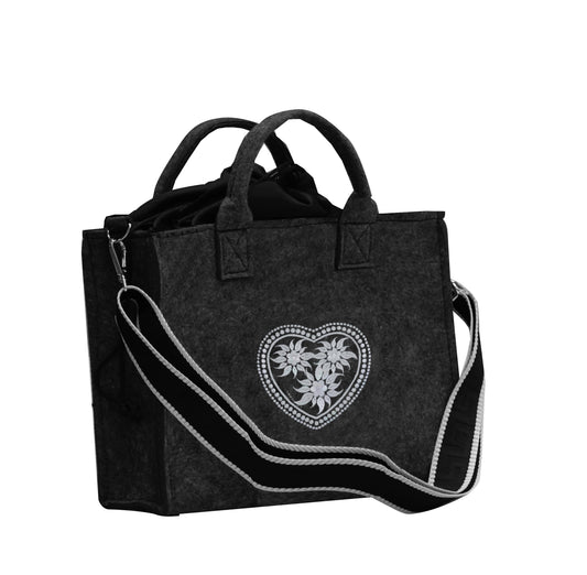 3522-55-56HE TRACHTENFILZTASCHE FILZ DUNKELGRAU MIT HERZ SILBERGRAU gestickt