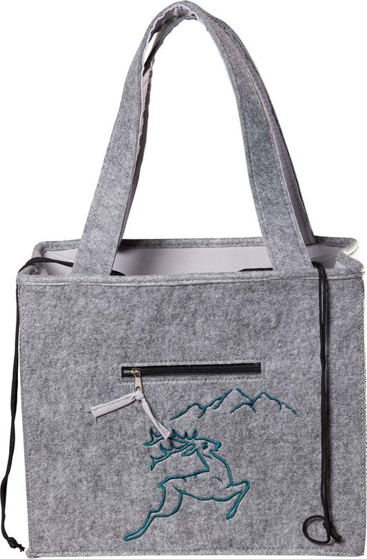 3535-56-46BG FILZTASCHE HELLGRAU MIT STOFFZUG HIRSCH  GRÜN GESTICKT
