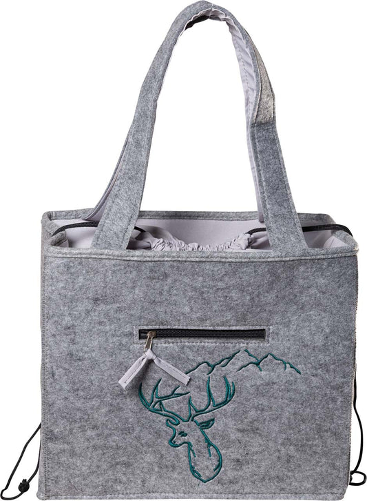 3535-56-46KG FILZTASCHE HELLGRAU MIT STOFFZUG HIRSCHKOPF GRÜN GESTICKT