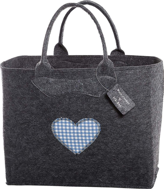 3553-55-0HB FILZTASCHE DUNKELGRAU HERZ KARO BLAU