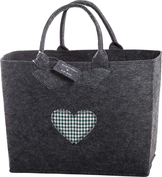 3553-55-0HG FILZTASCHE DUNKELGRAU HERZ KARO GRÜN
