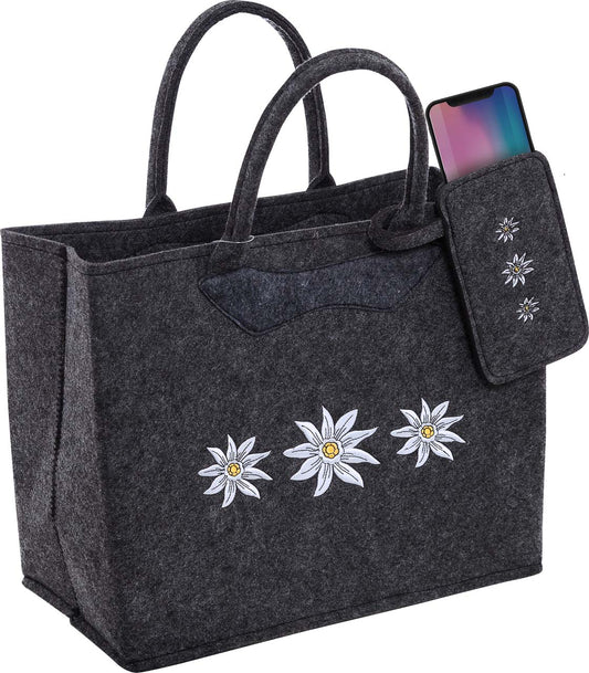 3553-55-23 FILZTASCHE DUNKELGRAU MIT EDELWEISS + HANDYTASCHE
