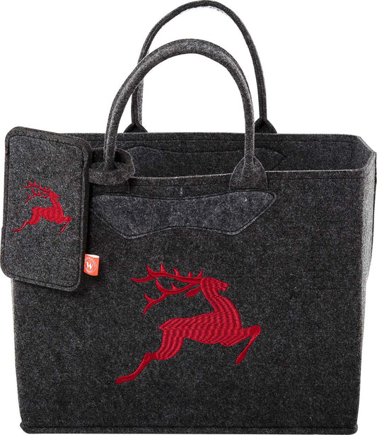 3553-55-35H FILZTASCHE DUNKELGRAU MIT HIRSCH ROT + HANDYTASCHE