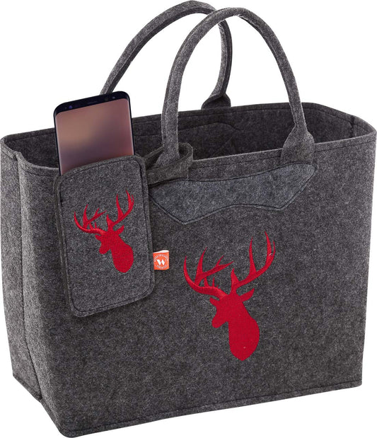 3553-55-35 FILZTASCHE DUNKELGRAU MIT HIRSCHKOPF ROT + HANDYTASCHE