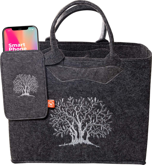 3553-55-56B FILZTASCHE DUNKELGRAU MIT BAUM + HANDYTASCHE