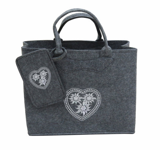3553-55-56HE FILZTASCHE DUNKELGRAU MIT HERZ SILBERGRAU + HANDYTASCHE