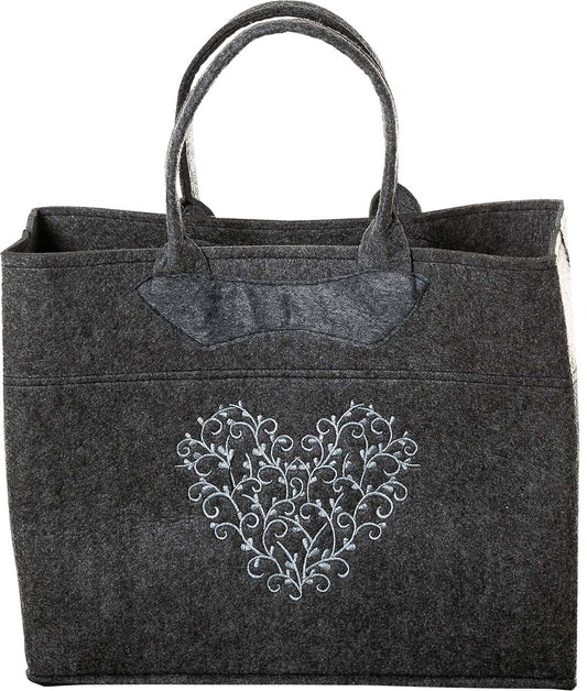3553-55-56HN FILZTASCHE DUNKELGRAU MIT HERZ SILBERGRAU GESTICKT