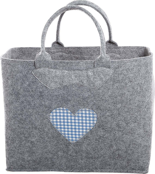 3553-56-0HB FILZTASCHE HELLGRAU HERZ KARO BLAU
