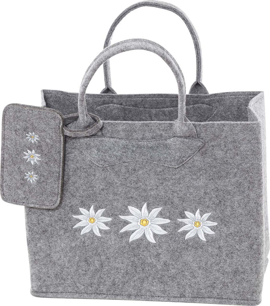 3553-56-23 FILZTASCHE HELLGRAU MIT EDELWEISS + HANDYTASCHE