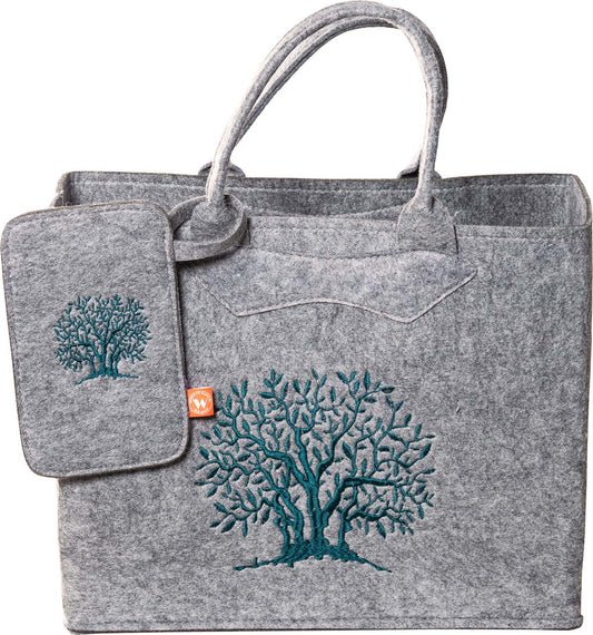 3553-56-46B FILZTASCHE HELLGRAU MIT BAUM + HANDYTASCHE