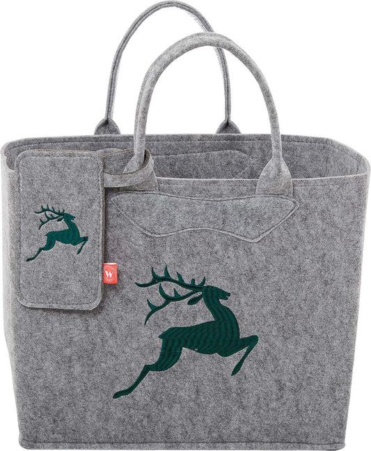 3553-56-46H FILZTASCHE HELLGRAU MIT HIRSCH GRÜN + HANDYTASCHE