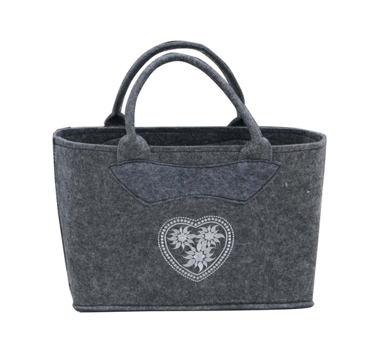 3557-55-56HE FILZTASCHE UNI DUNKELGRAU HERZ SILBERGRAU GESTICKT