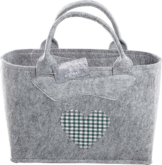 3557-56-0 HG FILZTASCHE UNI HELLGRAU HERZ KARO GRÜN