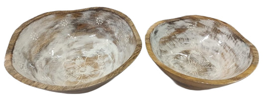 8031-04-0 HOLZSCHALEN RUND GESCHWUNGEN MIT MOTIV  1-2 WEISS GEWASCHEN