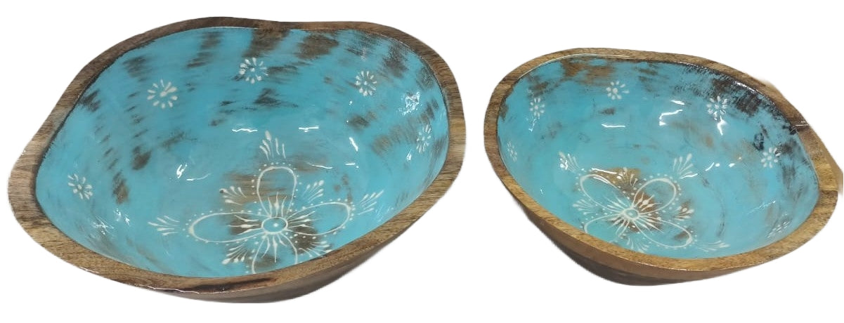 8031-05-0 HOLZSCHALEN RUND GESCHWUNGEN MIT MOTIV  1-2 BLAU GEWASCHEN