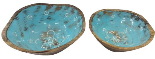 8031-05-0 HOLZSCHALEN RUND GESCHWUNGEN MIT MOTIV  1-2 BLAU GEWASCHEN