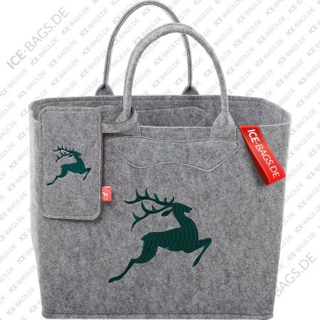 3553 Filztaschen mit Hirsch und Handyhülle Etui dunkelgrünes Motiv hellgraue Tasche